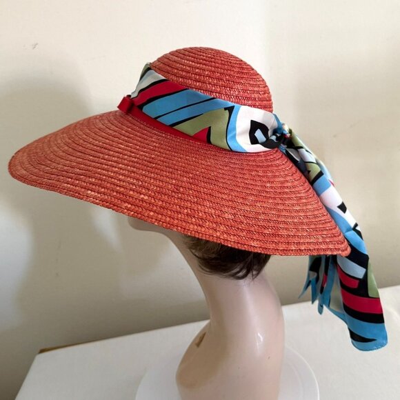 Wide Brim Straw Sun Hat With Anne Klein Multicolor Patterned Silk Scarf Accent - Picture 9 of 12